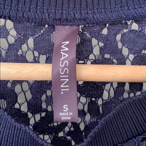 MASSINI Sheer Lace Crew Neck Navy Blue Blouse with Ruffle - Size Small - Picture 8 of 8